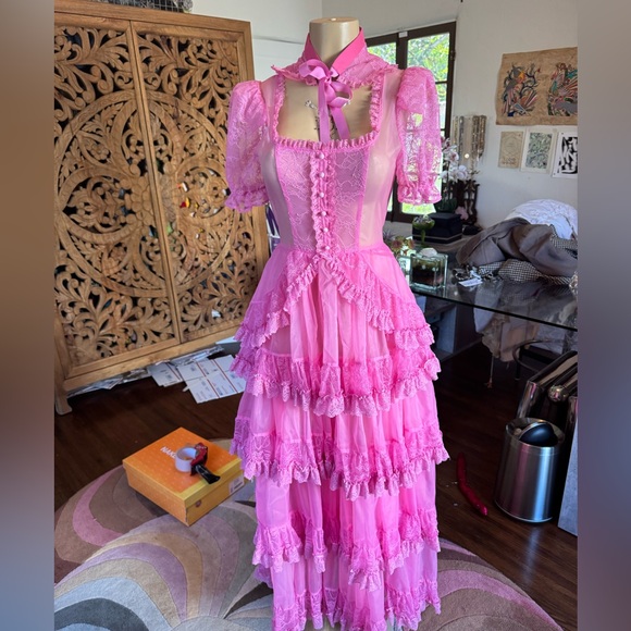 Current Mood Dresses & Skirts - Current Mood Vibrant Pink Lace Layered Semi Sheer Maxi Dress size S NWOT